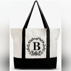 Monogrammed Embroidered Canvas Tote Bag Zipper Pocket Personalized Gift Letter B